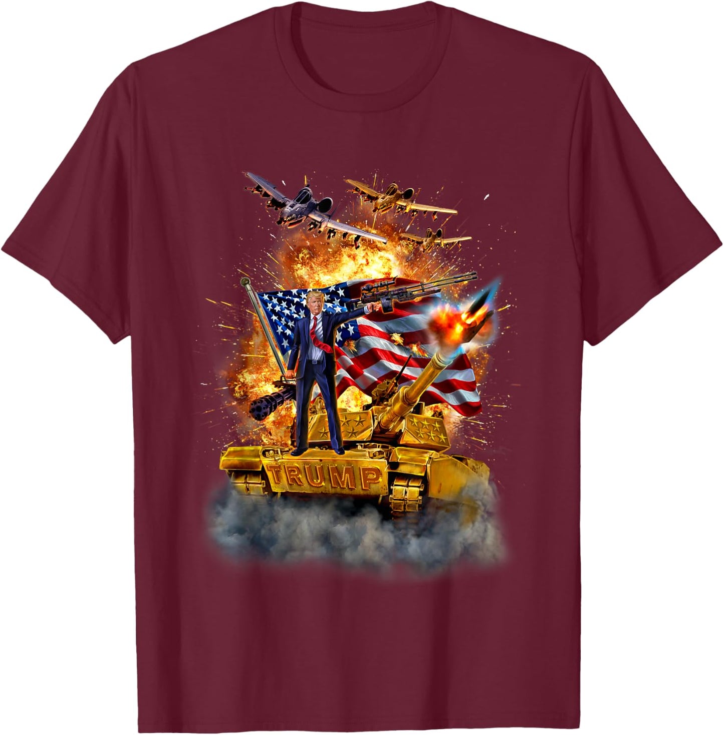 President Donald Trump Rides a Golden Tank T-Shirt - T-Shirt | Maroon