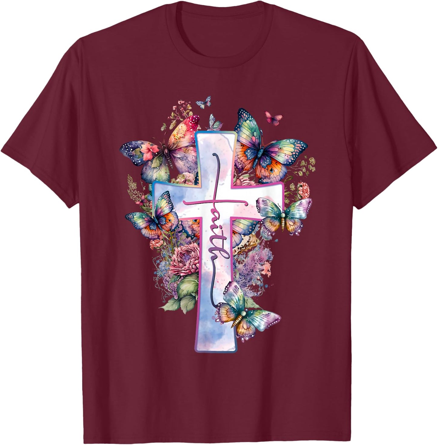 Faith-Cross Floral Butterflies Christ Flowers Religious T-Shirt - T-Shirt | Maroon