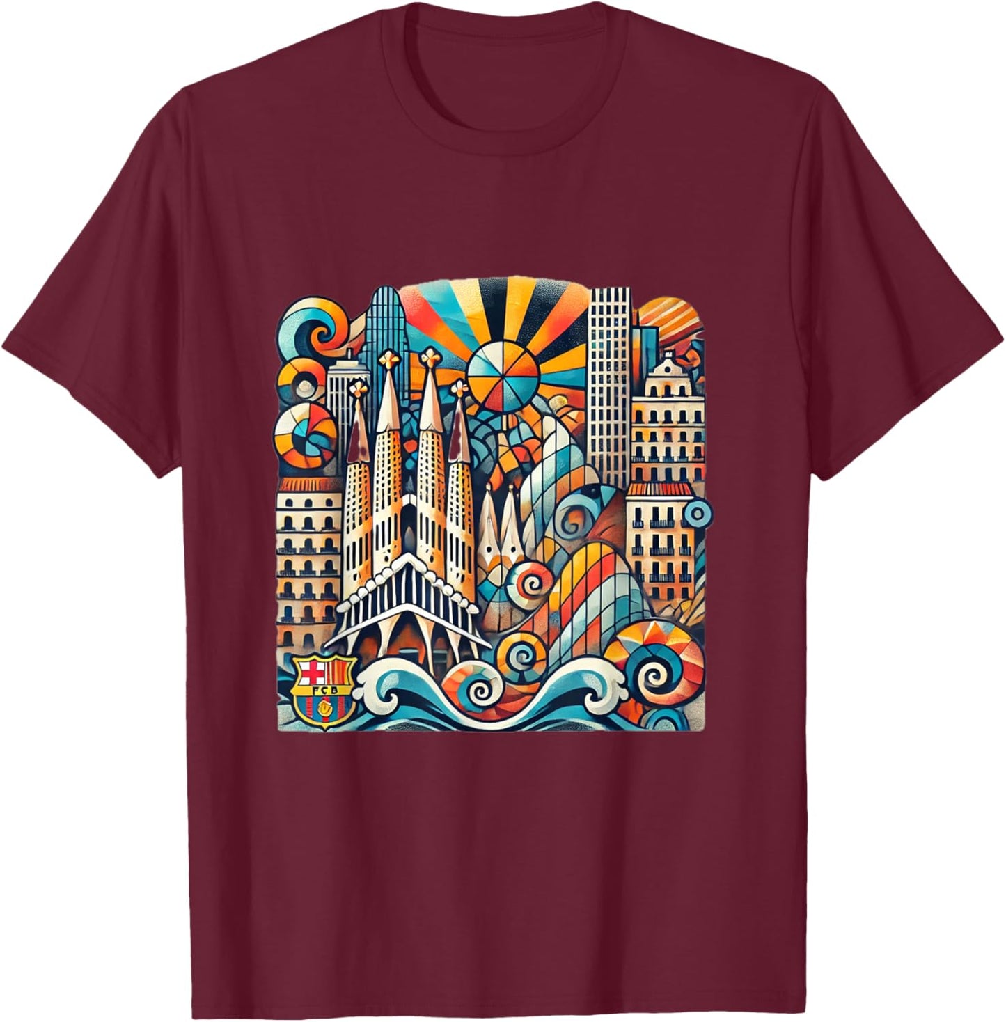 Barcelona-Inspired Abstract Art Design T-Shirt - T-Shirt | Maroon