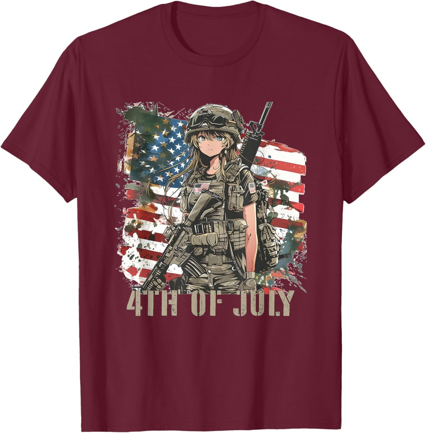 4th Of July Military Anime Girl Patriotic Kid Women USA Flag T-Shirt - T-Shirt | Maroon