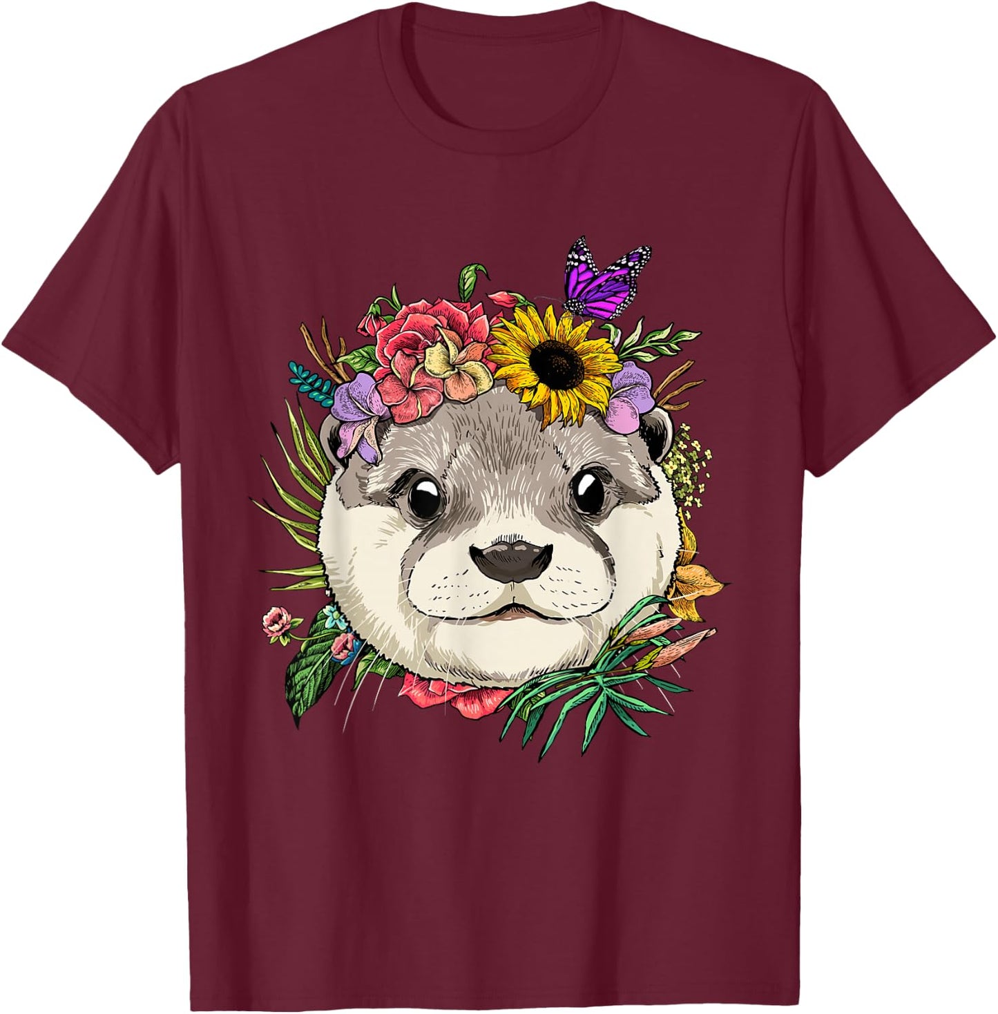 Floral Otter Spring Nature Otter Animal Lovers T-Shirt - T-Shirt | Maroon