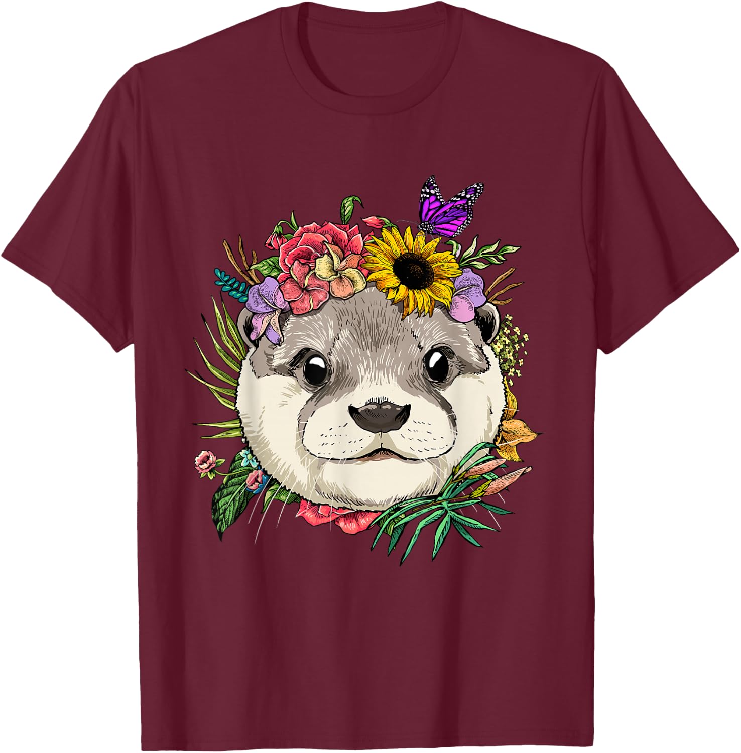 Floral Otter Spring Nature Otter Animal Lovers T-Shirt - T-Shirt | Maroon