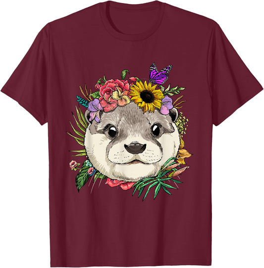 Floral Otter Spring Nature Otter Animal Lovers T-Shirt - T-Shirt | Maroon