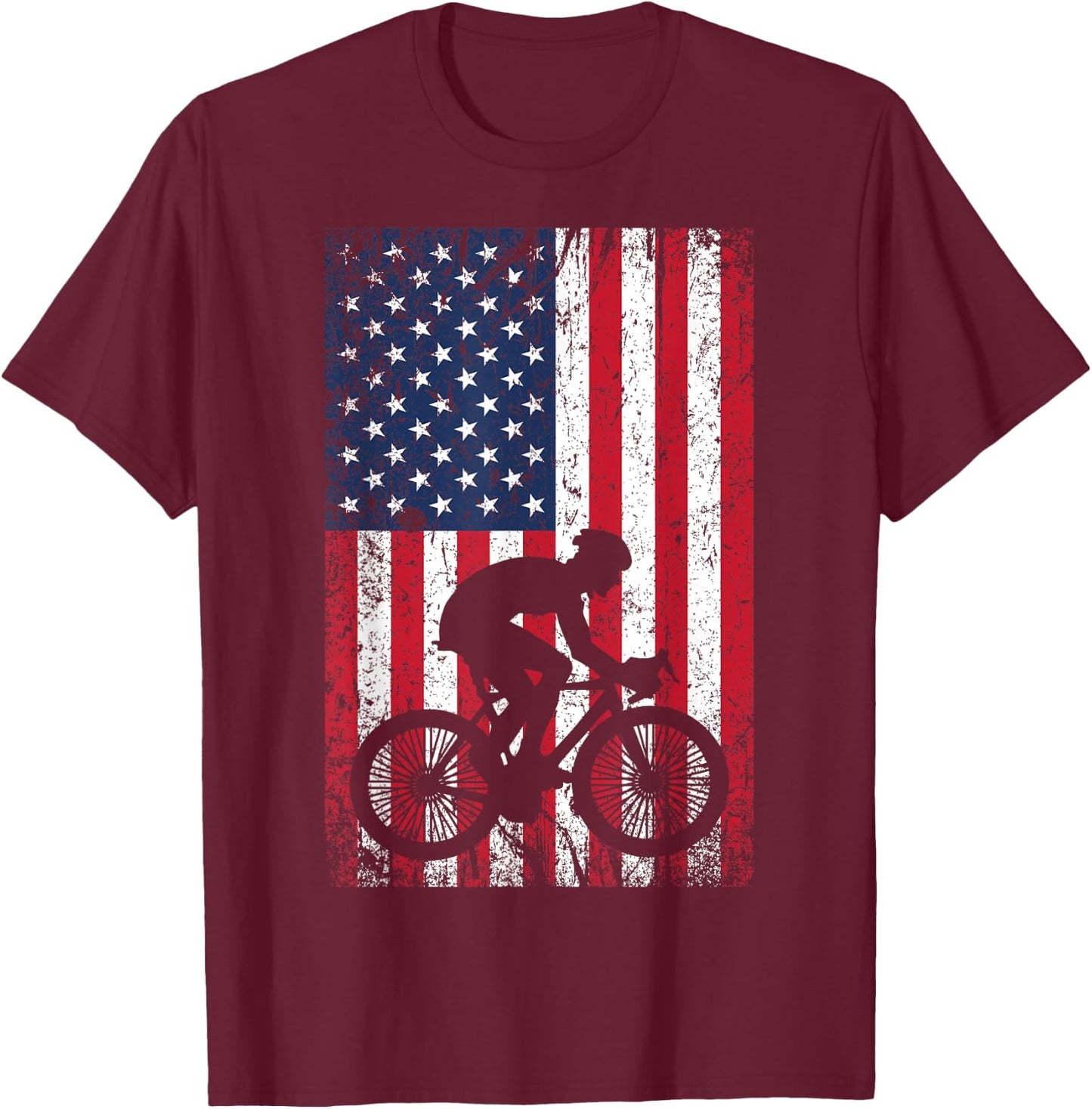 American Flag Mountain Bike 4th of July Patriotic Biking T-Shirt - T-Shirt | Maroon