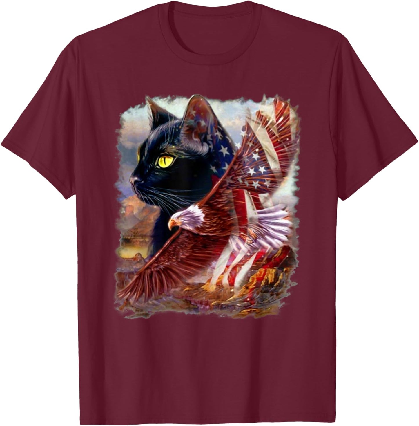 Black Cat Kitten American Flag Eagle 4th July Independence Men T-Shirt - T-Shirt | Maroon