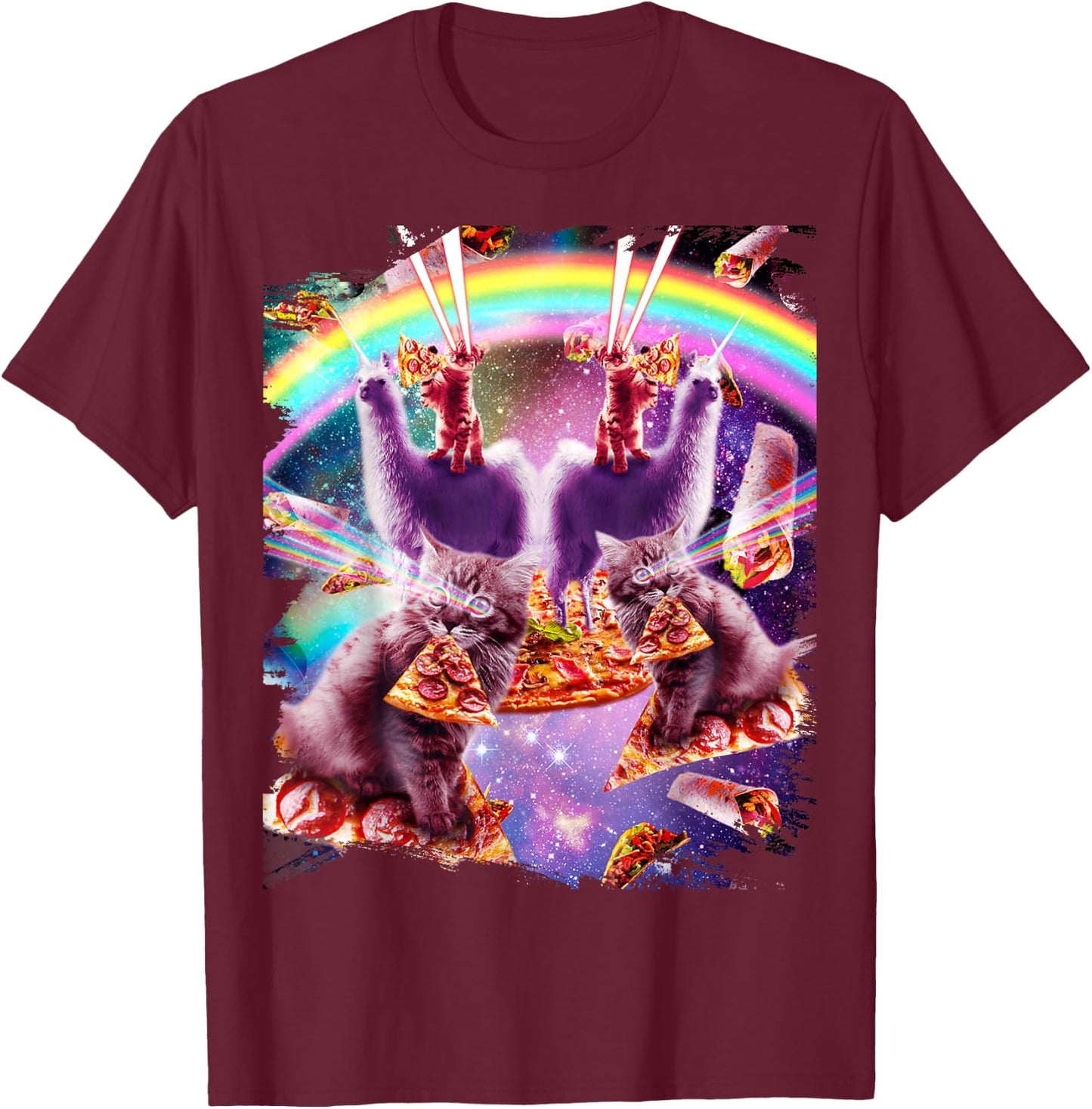 Laser Pizza Cat On Llama, Lazer Kitty Cats In Rainbow Space T-Shirt - T-Shirt | Maroon