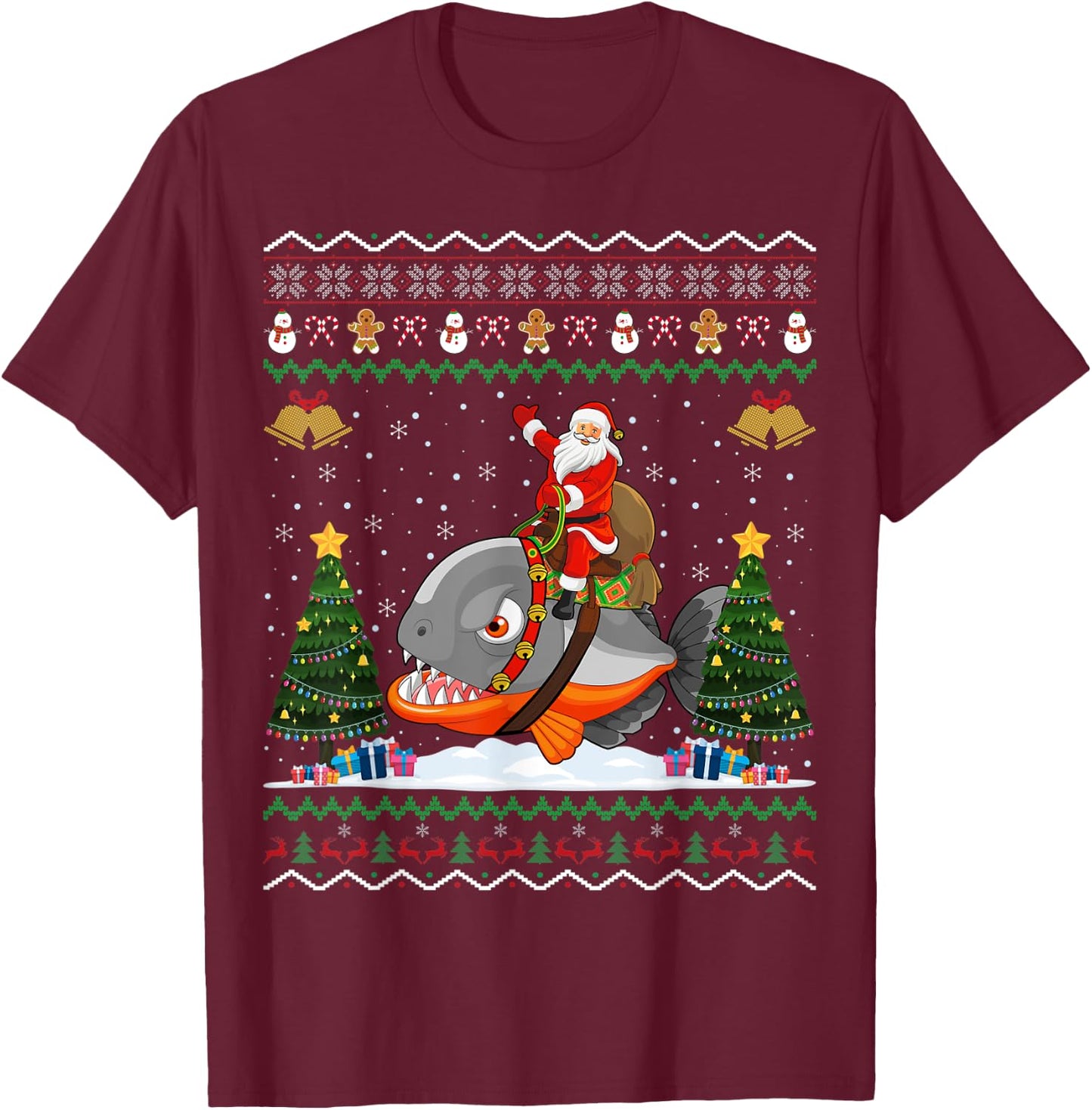Piranha Ugly Xmas Gift Santa Riding Piranha Christmas T-Shirt - T-Shirt | Maroon