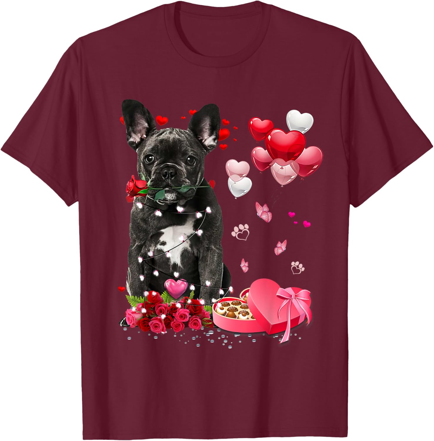 Funny French Bulldog Rose Heart Happy Valentine Day Dog Mom T-Shirt - T-Shirt | Maroon