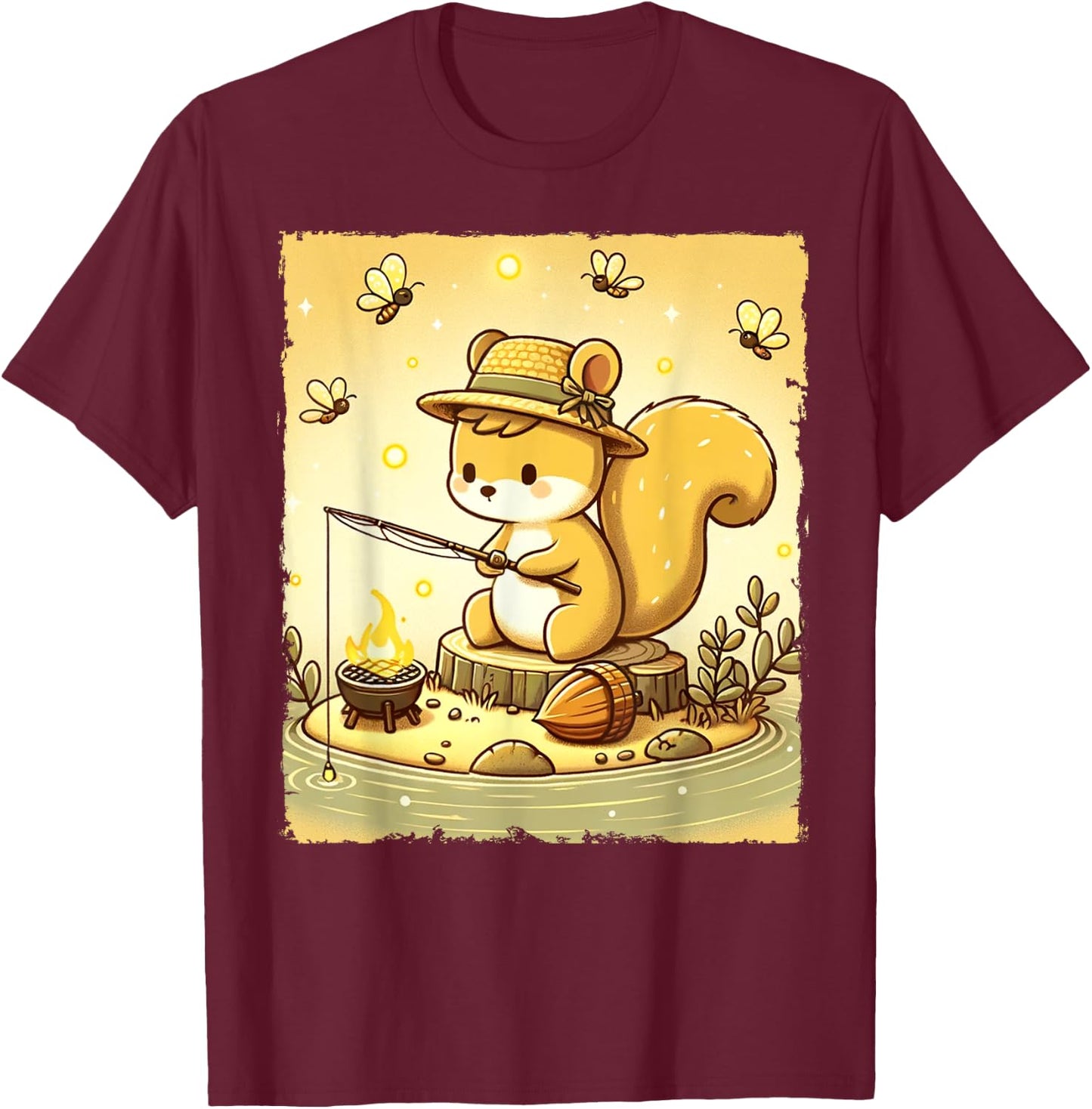 Fishing Squirrel Camping Starry Night Kids T-Shirt - T-Shirt | Maroon