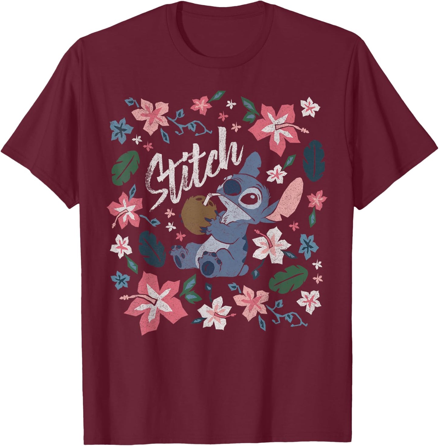 Disney Lilo & Stitch Floral Stitch Coconut Portrait Short Sleeve T-Shirt - T-Shirt | Maroon