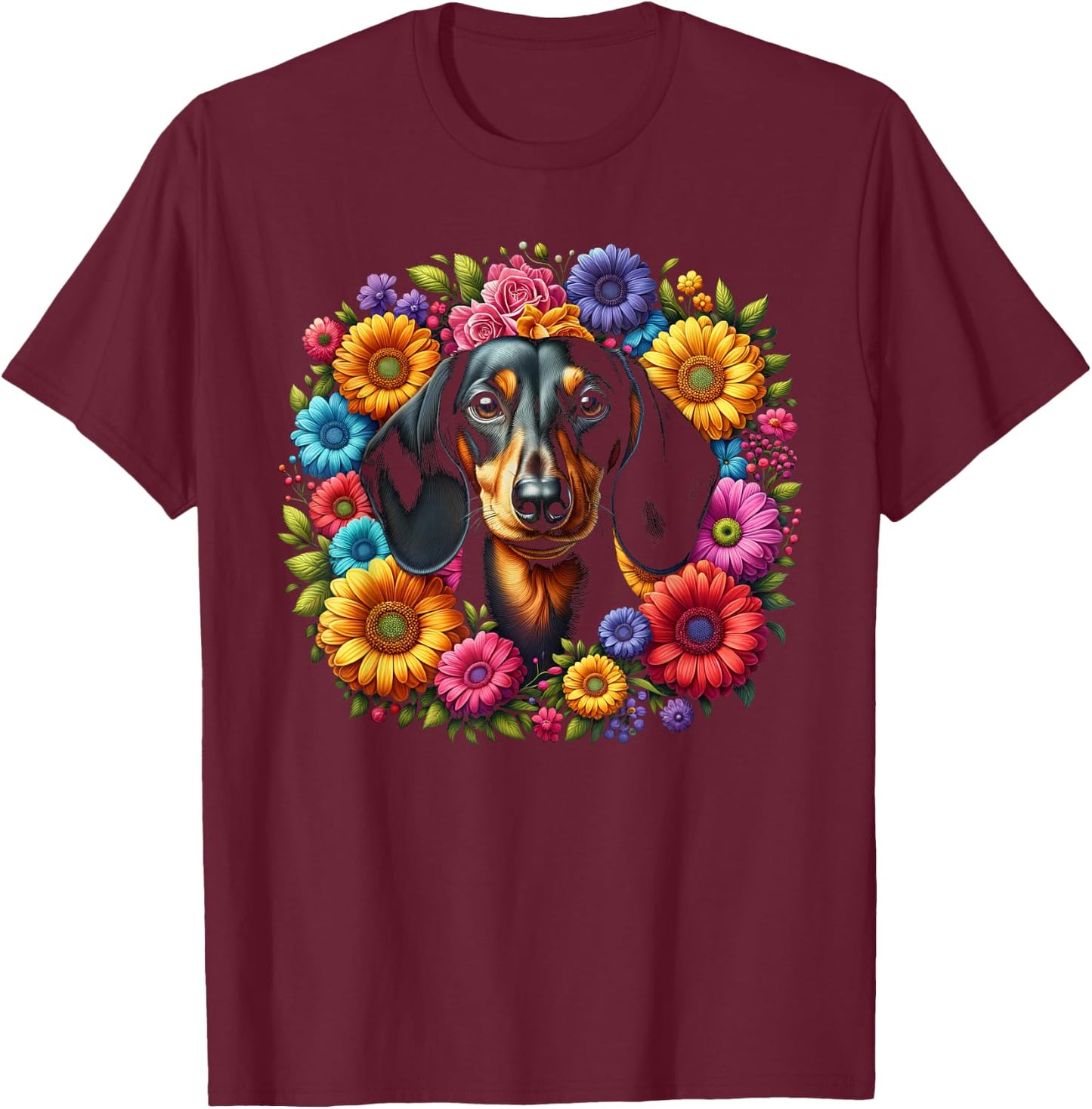 Cute Dachshund with Colourful Flowers T-Shirt - T-Shirt | Maroon