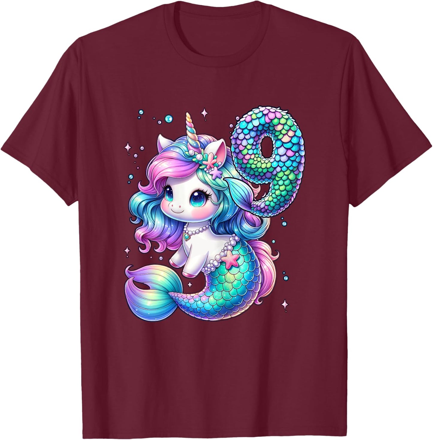Unicorn Mermaid 9th Birthday 9 Year Old Party Girls Outfit T-Shirt - T-Shirt | Maroon