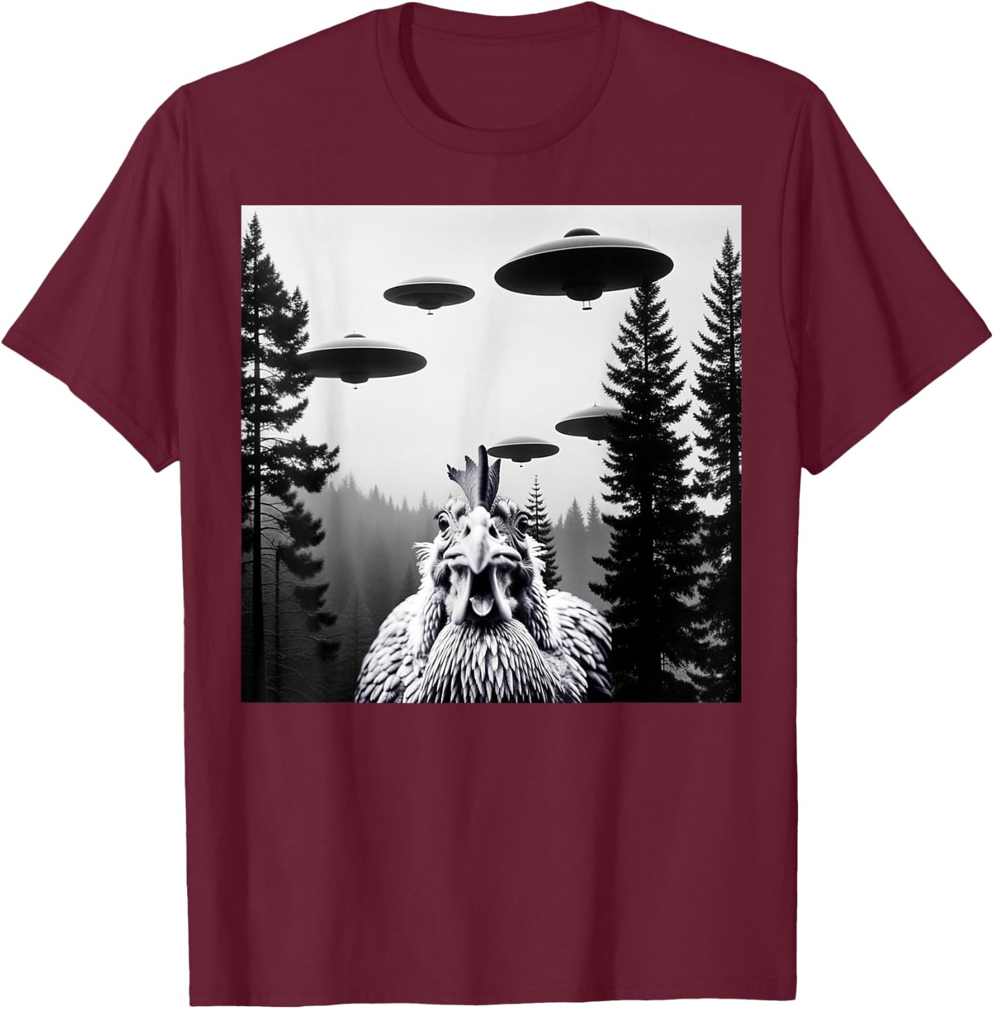 Funny Chicken With Alien UFO Spaceship. Chicken And Alien T-Shirt - T-Shirt | Maroon