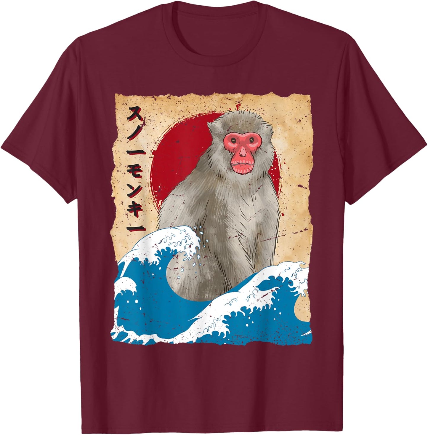Vintage Japan Art - Japanese Theme Retro Print snow monkeys T-Shirt - T-Shirt | Maroon