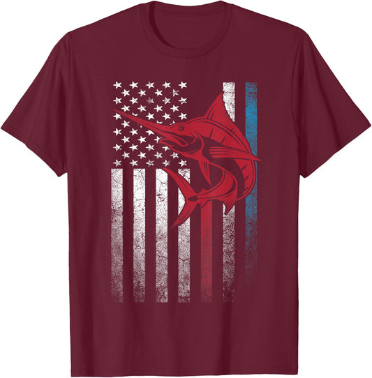 Fishing Marlin Swordfish Fish 4th of July American Flag USA T-Shirt - T-Shirt | Maroon