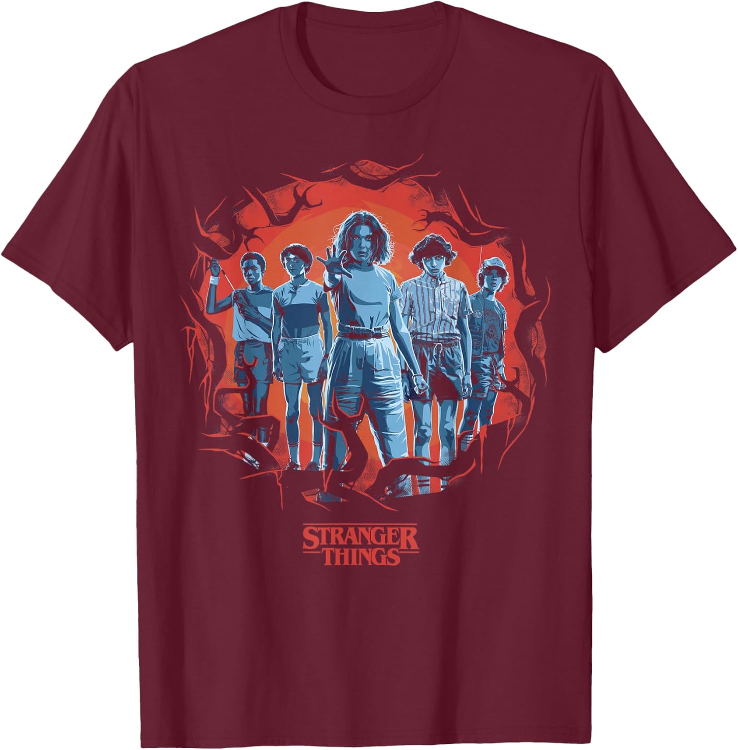 Stranger Things Group Shot Demogorgon Framed Short Sleeve T-Shirt - T-Shirt | Maroon