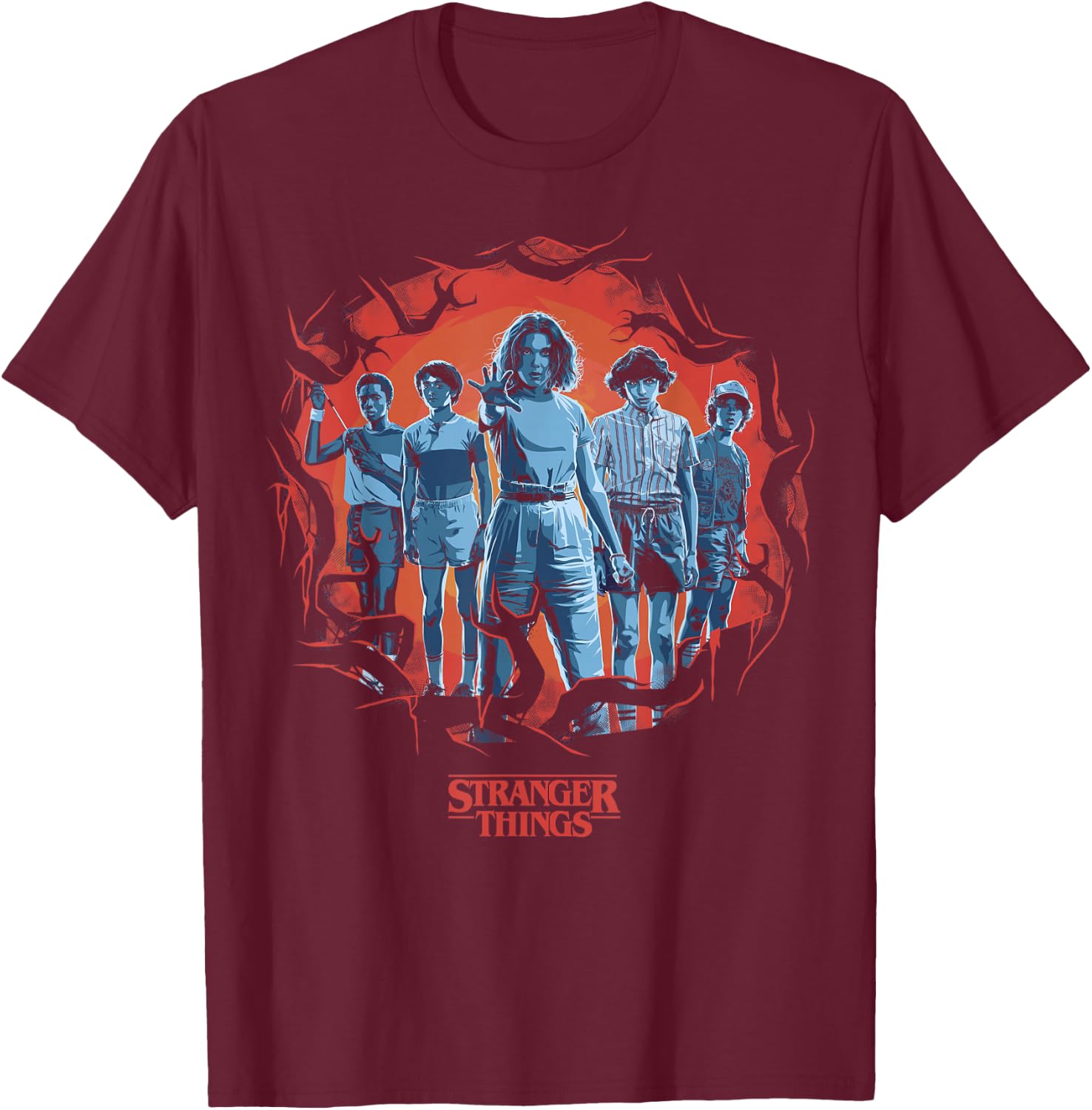 Stranger Things Group Shot Demogorgon Framed Short Sleeve T-Shirt - T-Shirt | Maroon