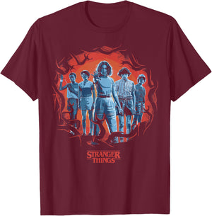 Stranger Things Group Shot Demogorgon Framed Short Sleeve T-Shirt - T-Shirt | Maroon