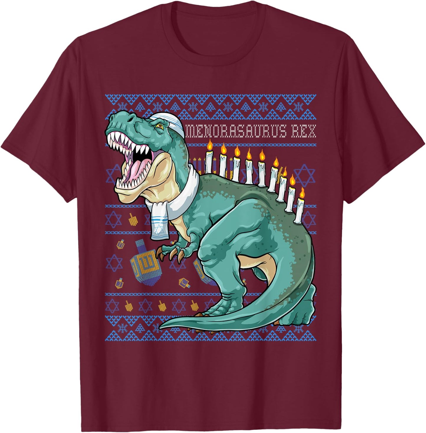 Menorasaurus Rex Hanukkah Shirt Jewish Dinosaur Menorah T-Shirt - T-Shirt | Maroon