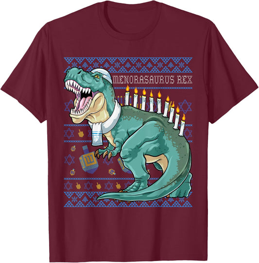 Menorasaurus Rex Hanukkah Shirt Jewish Dinosaur Menorah T-Shirt - T-Shirt | Maroon