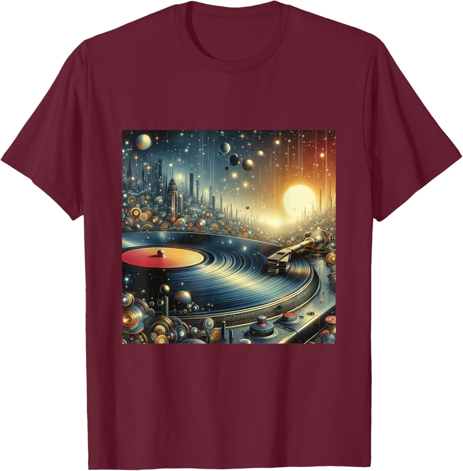 Futuristic Space City Vinyl Record Player Sci-Fi Cityscape T-Shirt - T-Shirt | Maroon