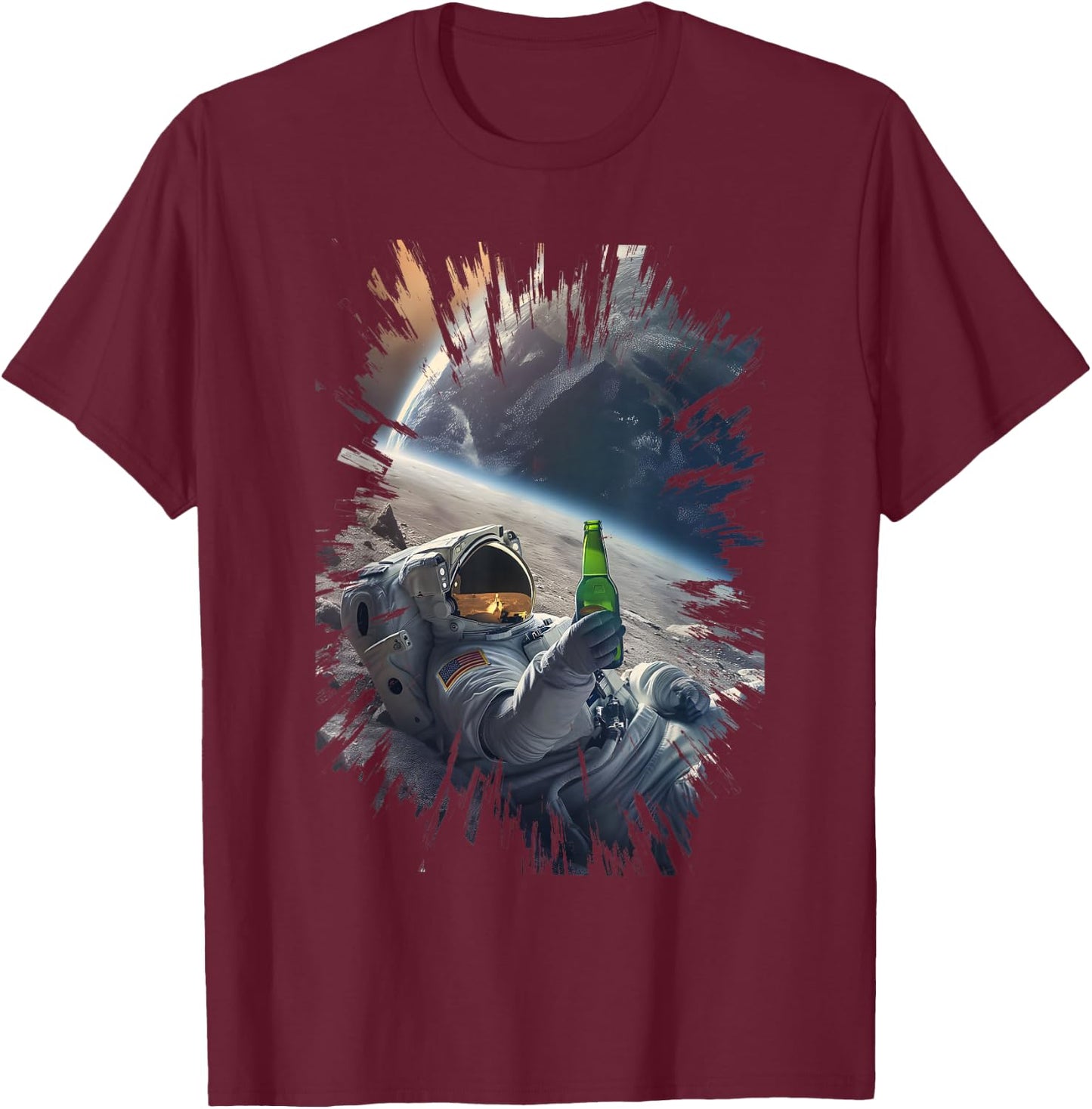 Beer Drinking Astronaut on the Moon T-Shirt - T-Shirt | Maroon