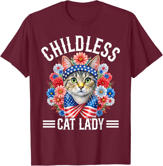 Childless Cat Lady Feminist Voting American Flag T-Shirt - T-Shirt | Maroon