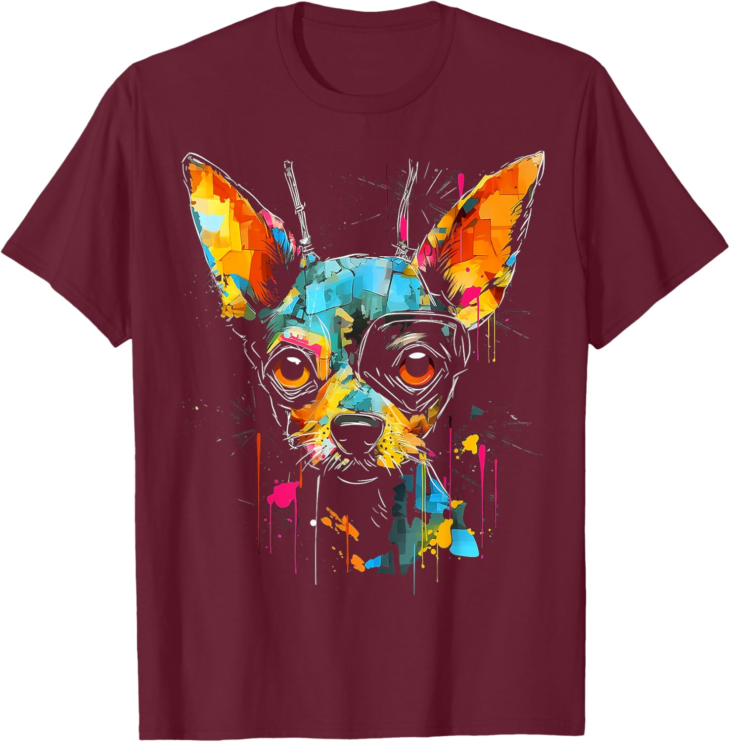 Chihuahua Art Colorful Animal Painting Pet Graphic Dog Men Women Kids T-Shirt - T-Shirt | Maroon