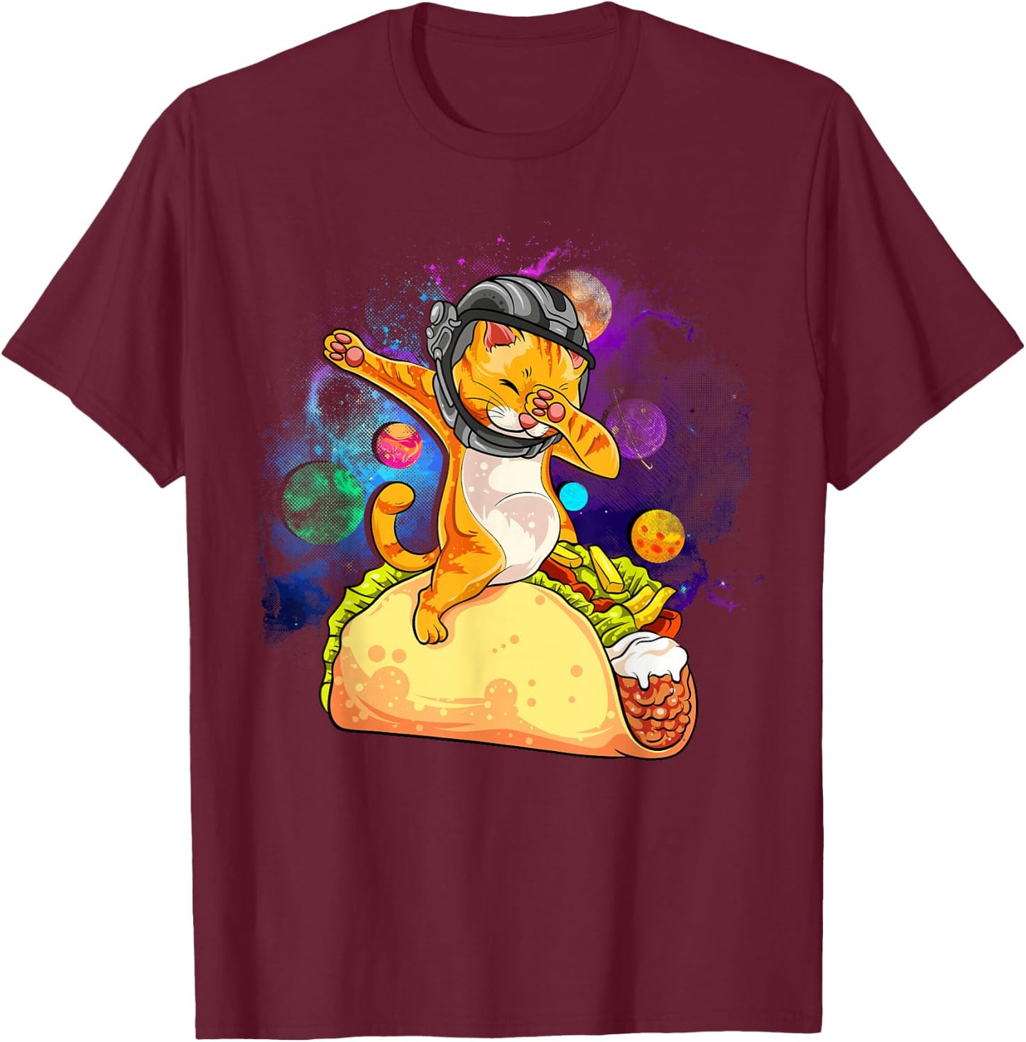 Funny Dabbing Cat Astronaut In Space Riding Taco T-Shirt - T-Shirt | Maroon