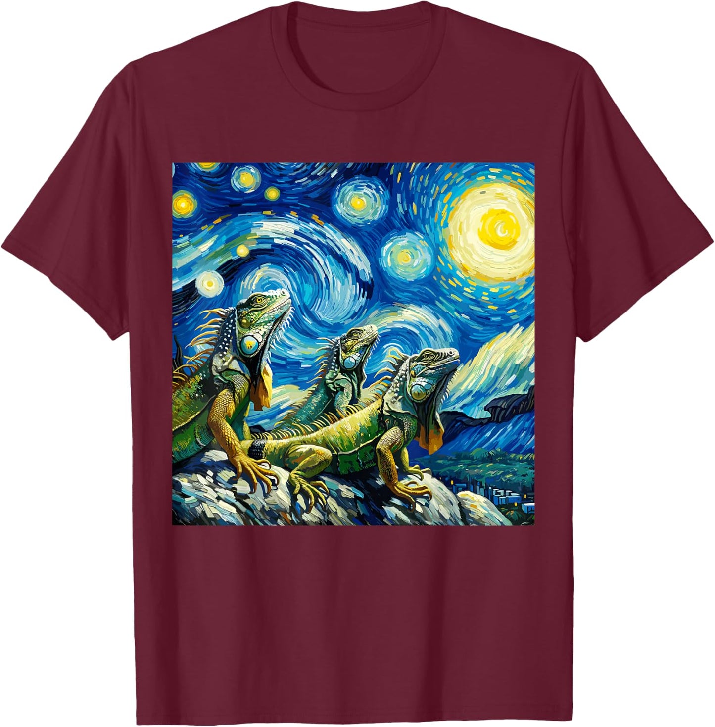 Iguana Motif Lizard Three Lizards Moon Howling Starry Night T-Shirt - T-Shirt | Maroon