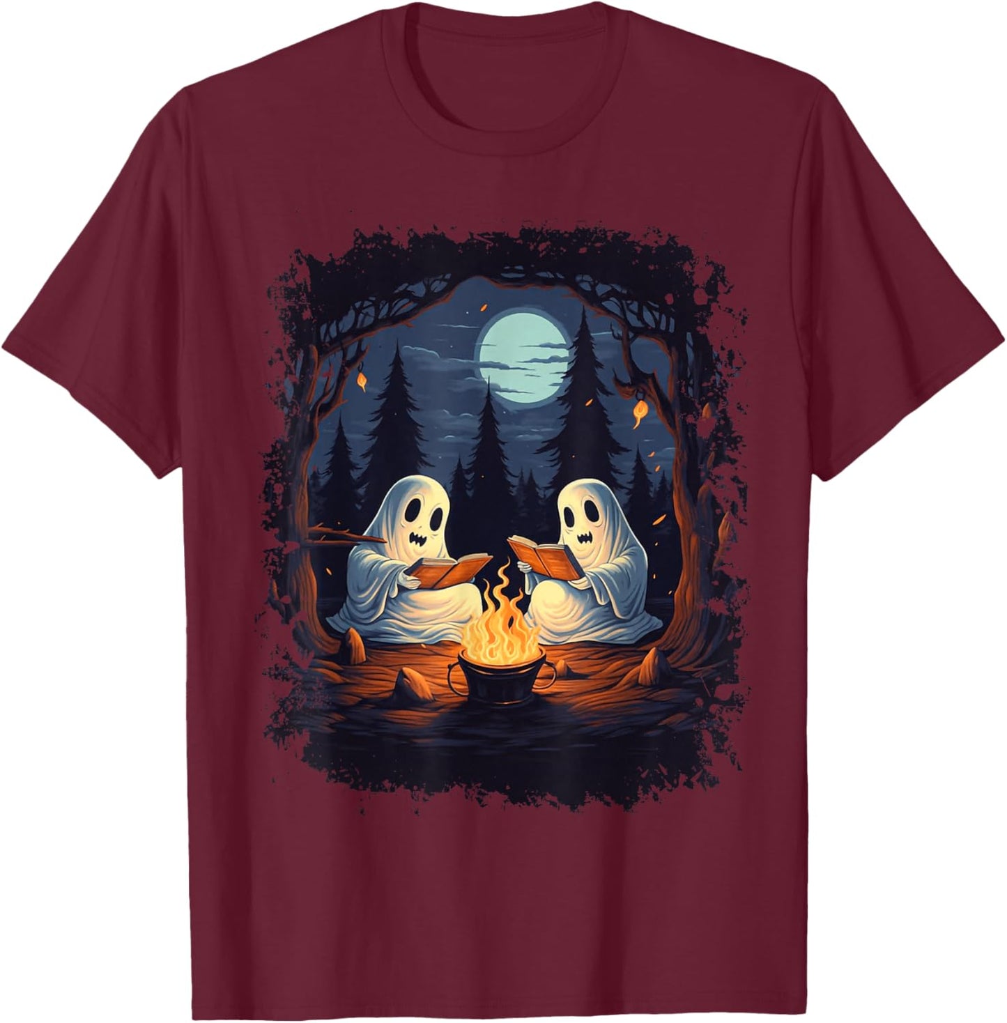 Retro Ghost Reading Books Camping Campfire Gothic Halloween T-Shirt - T-Shirt | Maroon