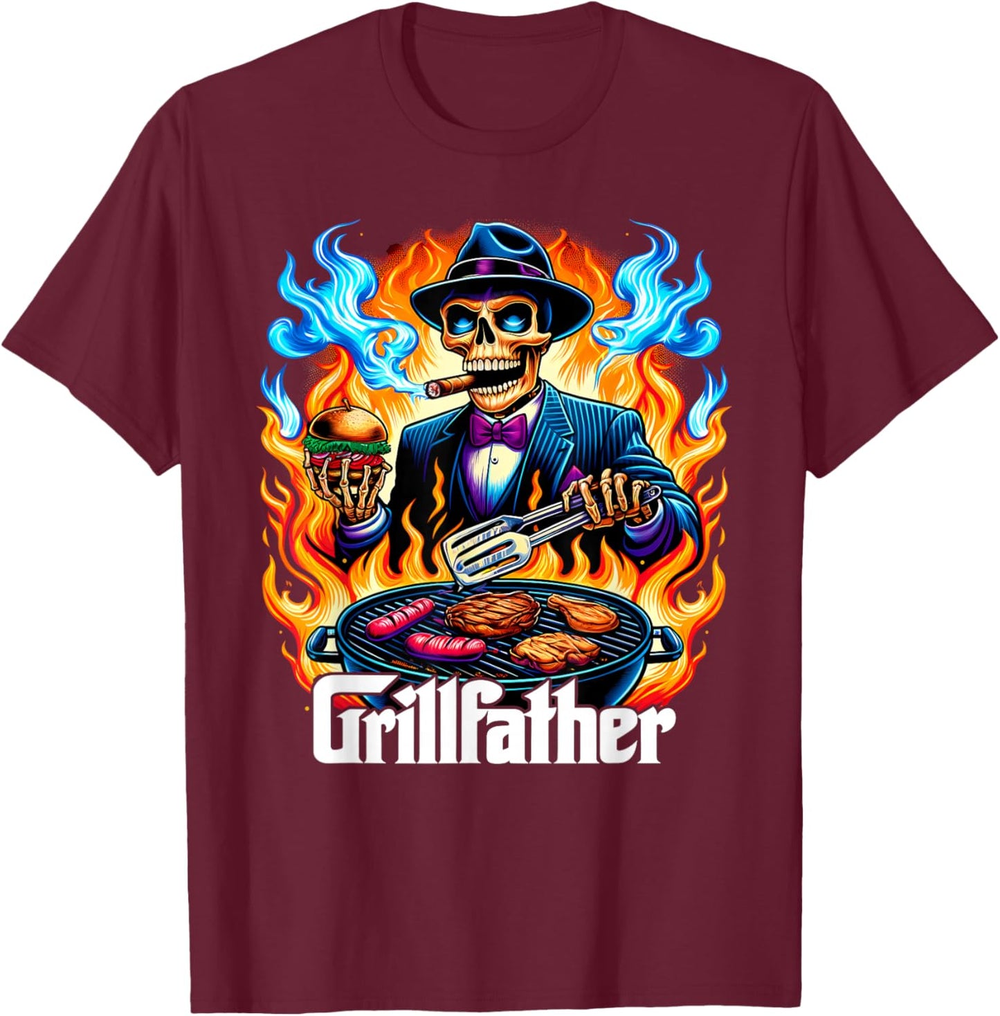The Grillfather BBQ Grill & Smoker Barbecue Chef Skeleton T-Shirt - T-Shirt | Maroon