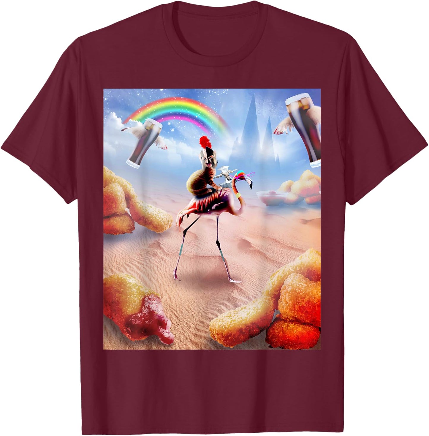 Cat Riding Flamingo With Chicken Nuggets And Cola T-Shirt - T-Shirt | Maroon