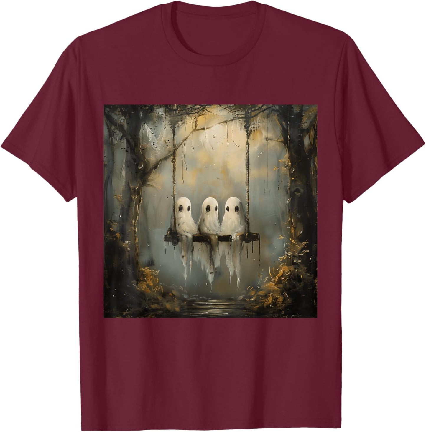 Vintage Floral Ghost On The Swing In Forest Halloween Gothic T-Shirt - T-Shirt | Maroon