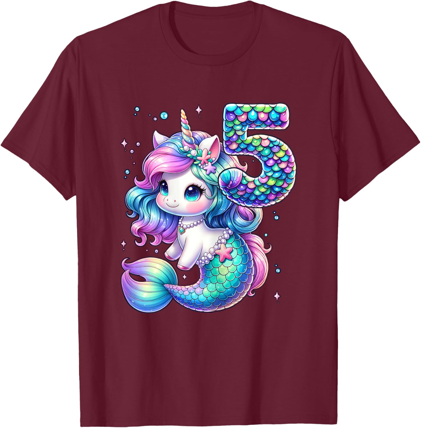 Unicorn Mermaid 5th Birthday 5 Year Old Party Girls Outfit T-Shirt - T-Shirt | Maroon