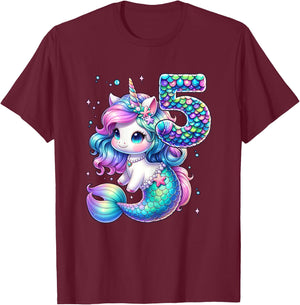 Unicorn Mermaid 5th Birthday 5 Year Old Party Girls Outfit T-Shirt - T-Shirt | Maroon