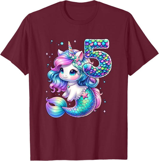 Unicorn Mermaid 5th Birthday 5 Year Old Party Girls Outfit T-Shirt - T-Shirt | Maroon