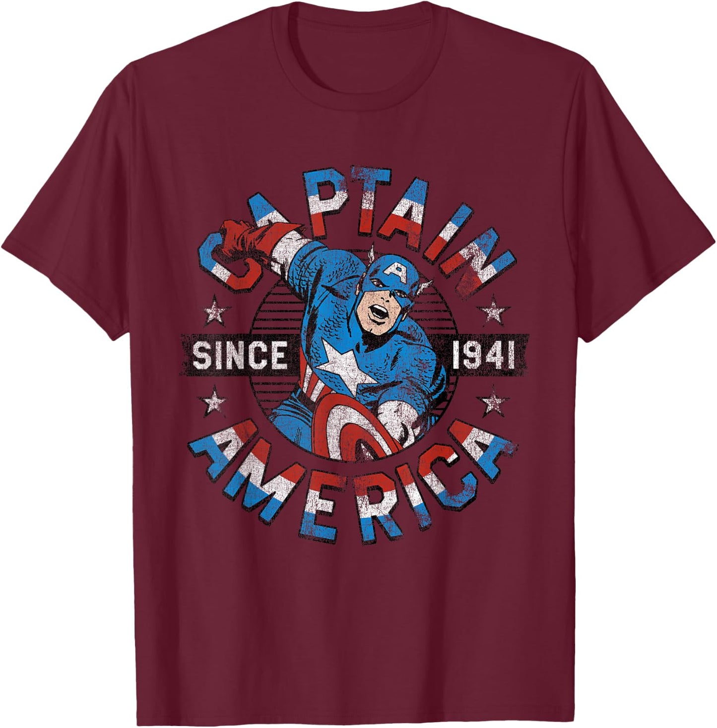 Marvel Faded Vintage Captain America Since 1941 Circle Logo T-Shirt - T-Shirt | Maroon