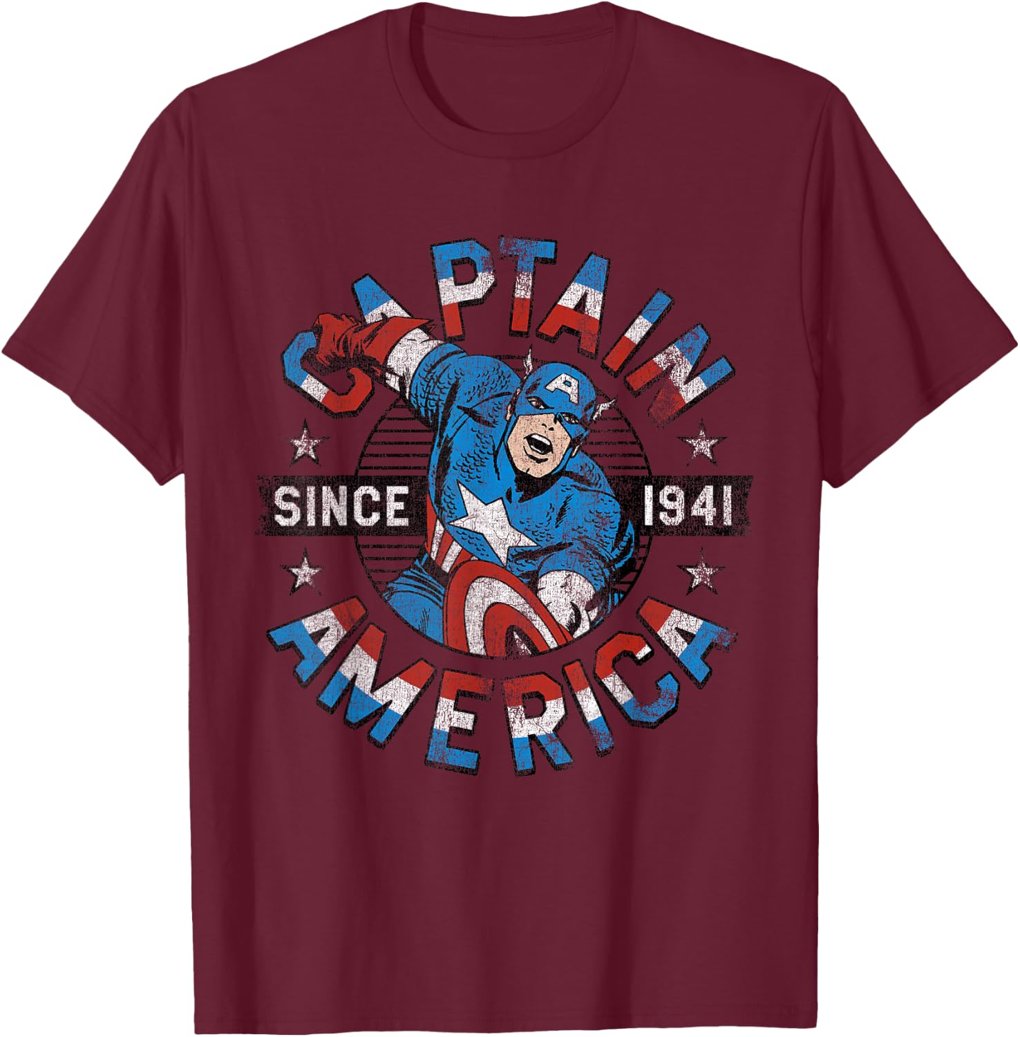 Marvel Faded Vintage Captain America Since 1941 Circle Logo T-Shirt - T-Shirt | Maroon