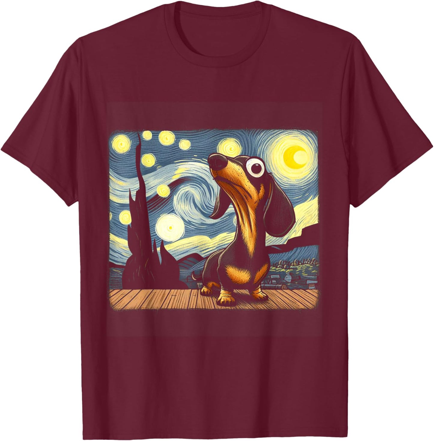Funny Dachshunds Sausage Dogs in a Starry Night T-Shirt - T-Shirt | Maroon