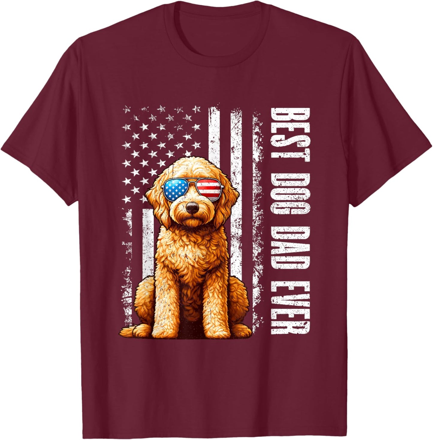 Vintage Best Dog Dad Ever Goldendoodle Dog American Flag T-Shirt - T-Shirt | Maroon