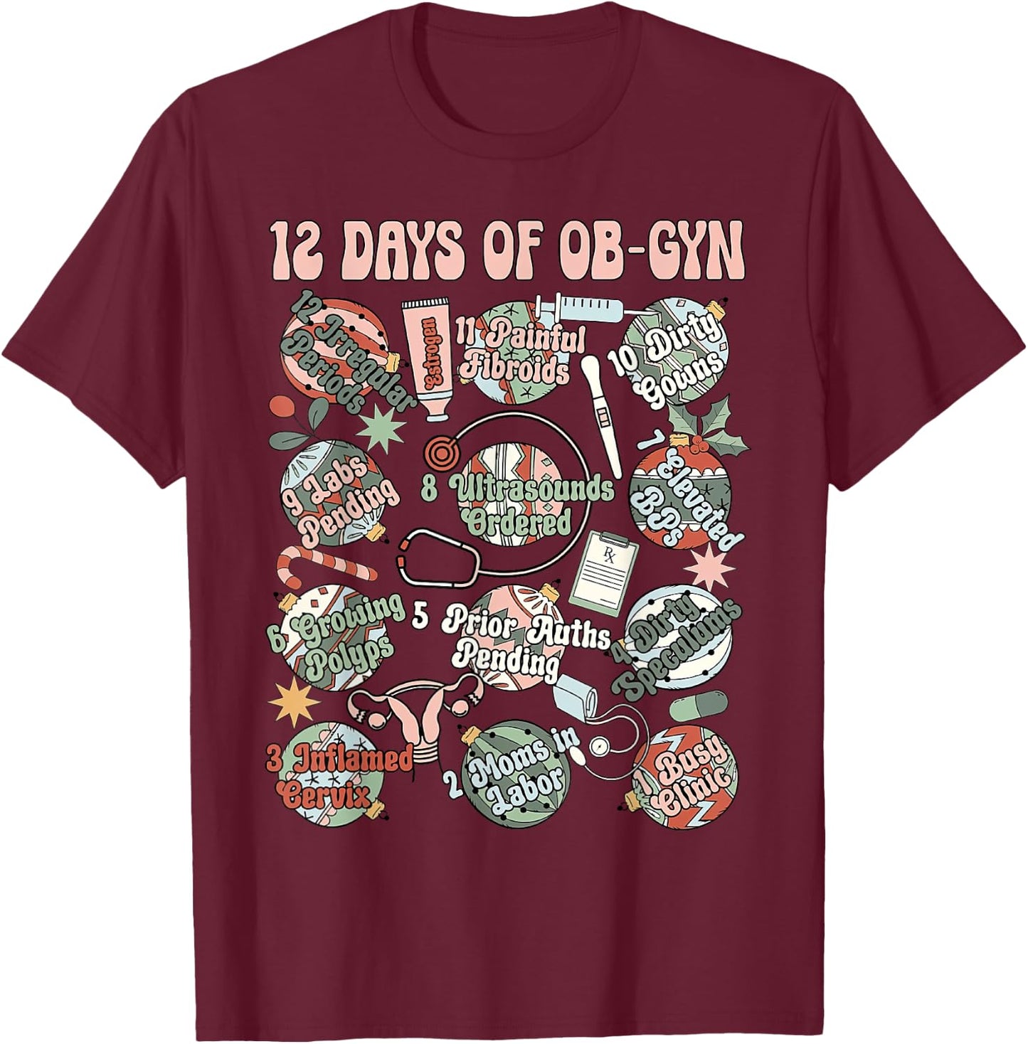 12 Day Of OB-GYN Labor And Delivery OB Nurse Christmas T-Shirt - T-Shirt | Maroon
