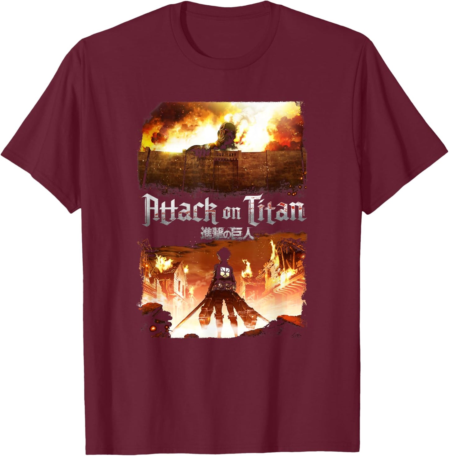 Attack on Titan Key Art Flaming Attack Scene AOT Anime T-Shirt - T-Shirt | Maroon