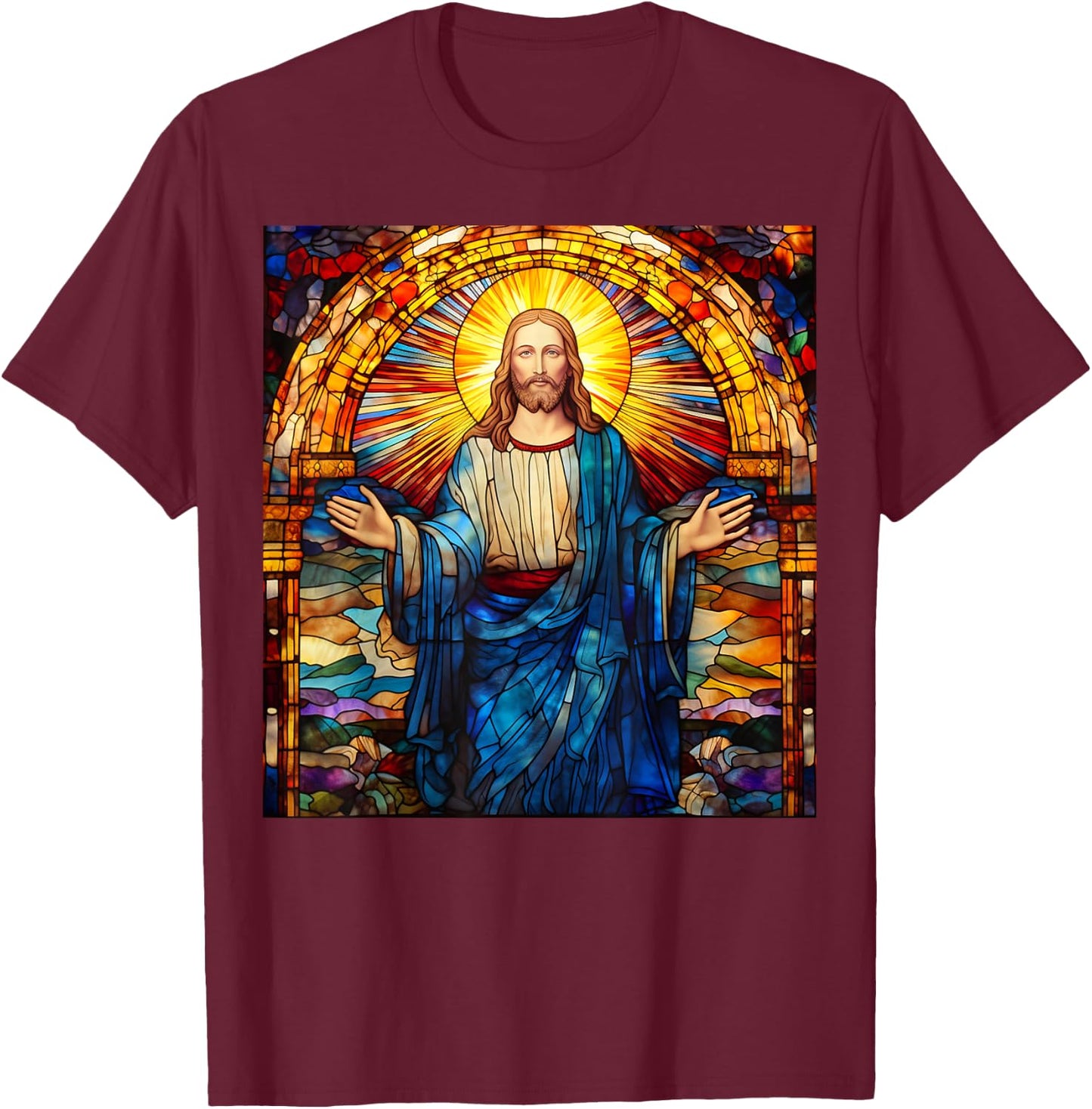 Jesus Christ Stained Glass Christian T-Shirt - T-Shirt | Maroon