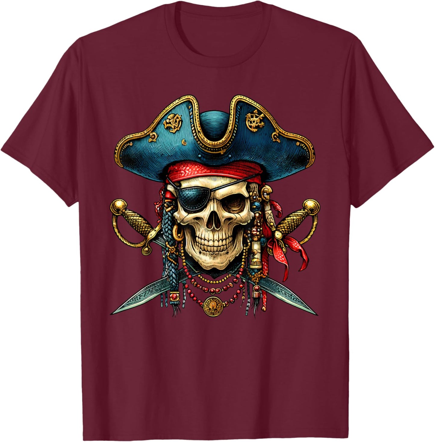 Pirate Skull Halloween Costume Men Women Boys Girls Teens T-Shirt - T-Shirt | Maroon