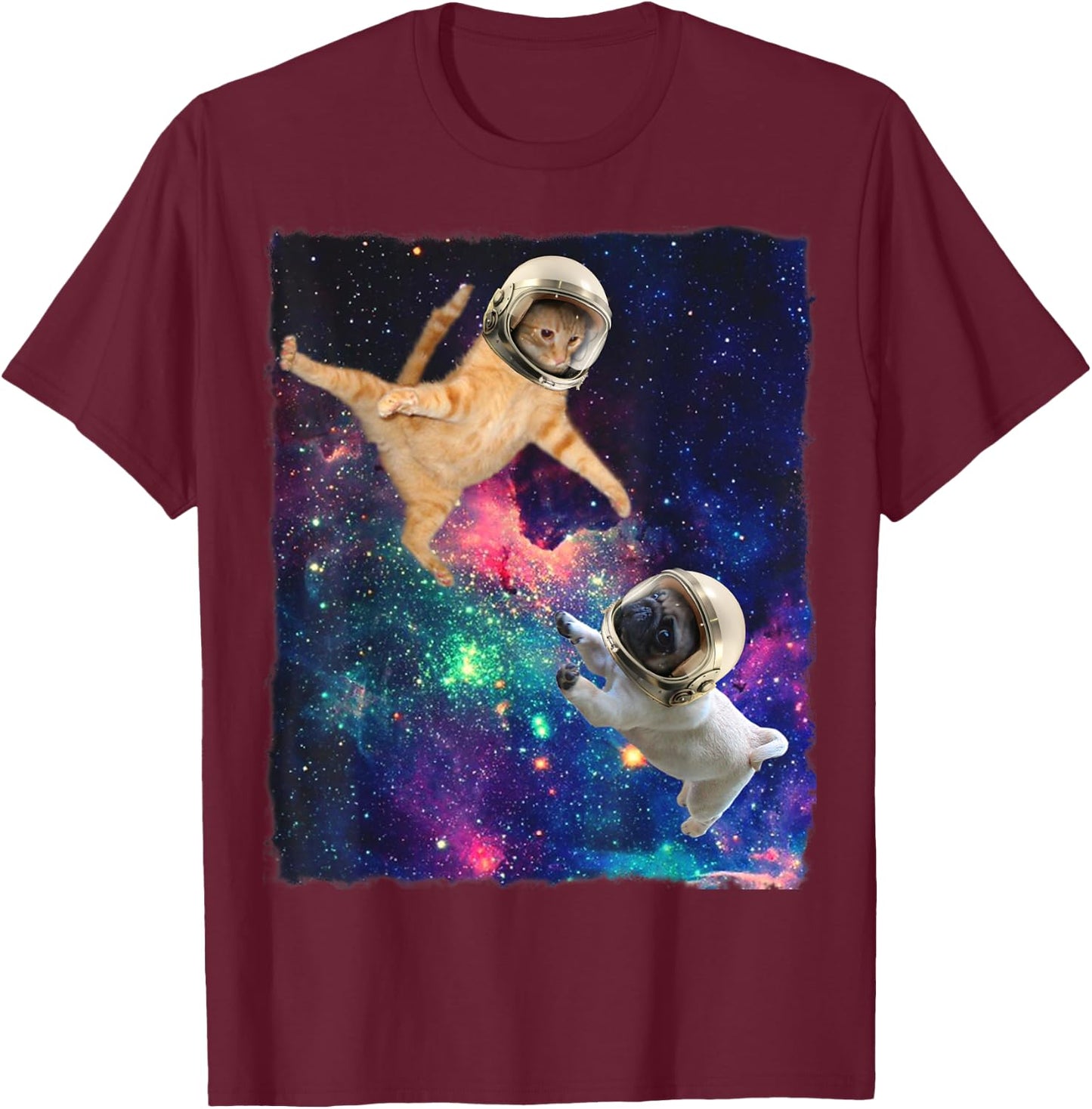 Cute Space Cat vs Pug Galaxy Epic Fight In Outer Space T-Shirt - T-Shirt | Maroon