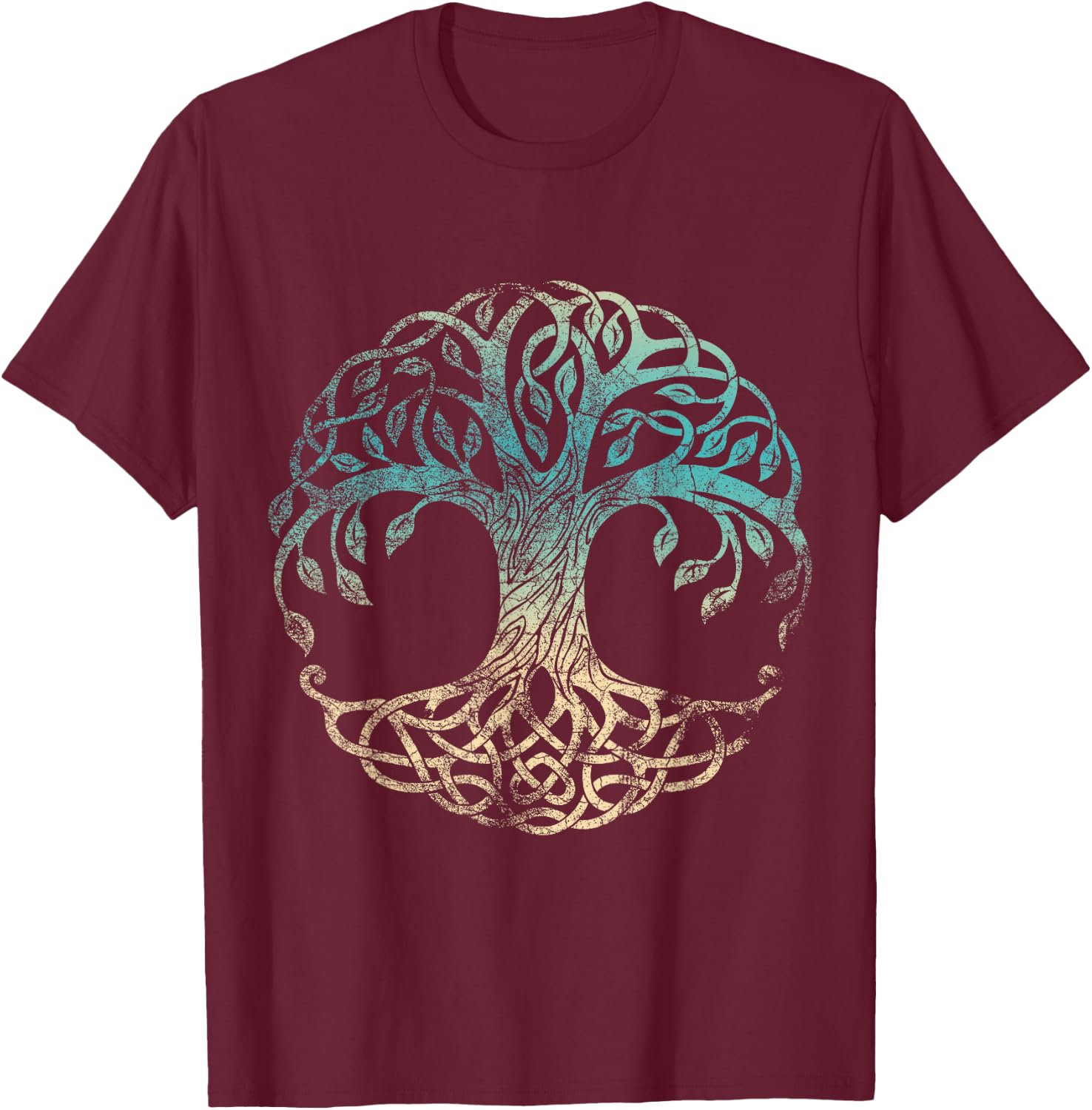 Yggdrasil Tree Of Life, Norse Viking Symbol Worn Color T-Shirt - T-Shirt | Maroon