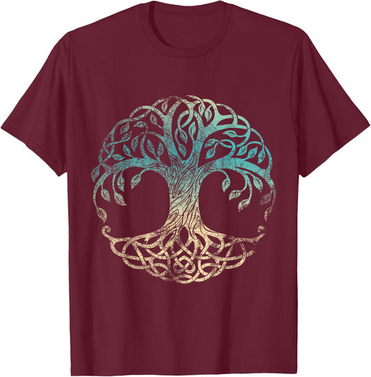 Yggdrasil Tree Of Life, Norse Viking Symbol Worn Color T-Shirt - T-Shirt | Maroon