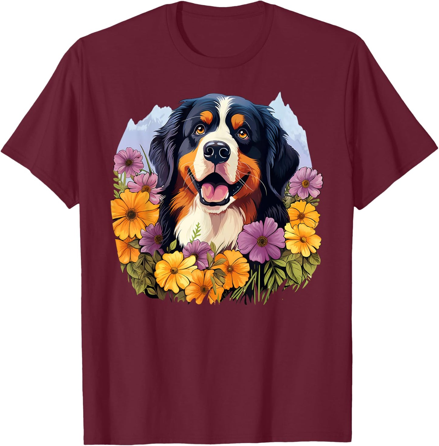Cute Bernese Mountain Dog in Spring Flower Garden Puppy Men Women Girls Kids T-Shirt - T-Shirt | Maroon