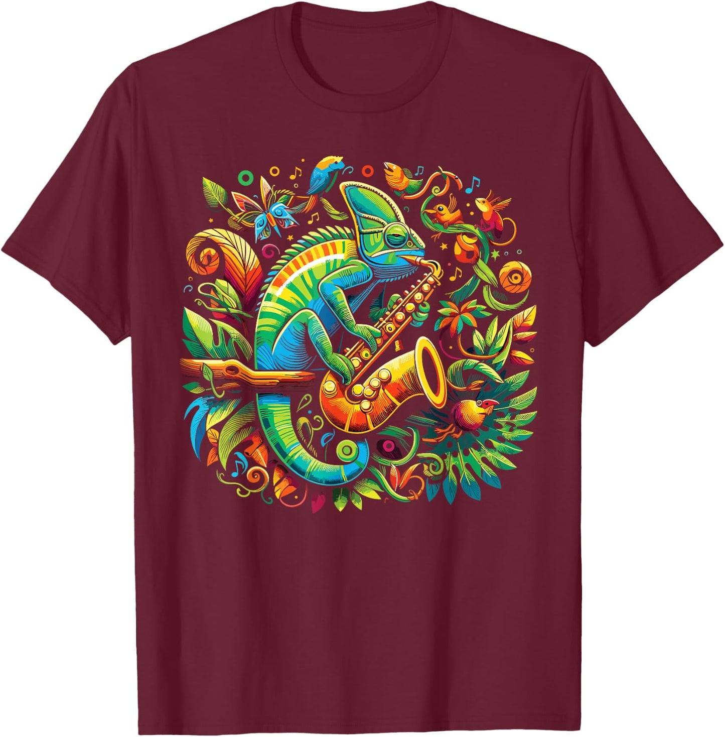 Colorful Chameleon Playing Saxophone | Sax Music Art T-Shirt - T-Shirt | Maroon